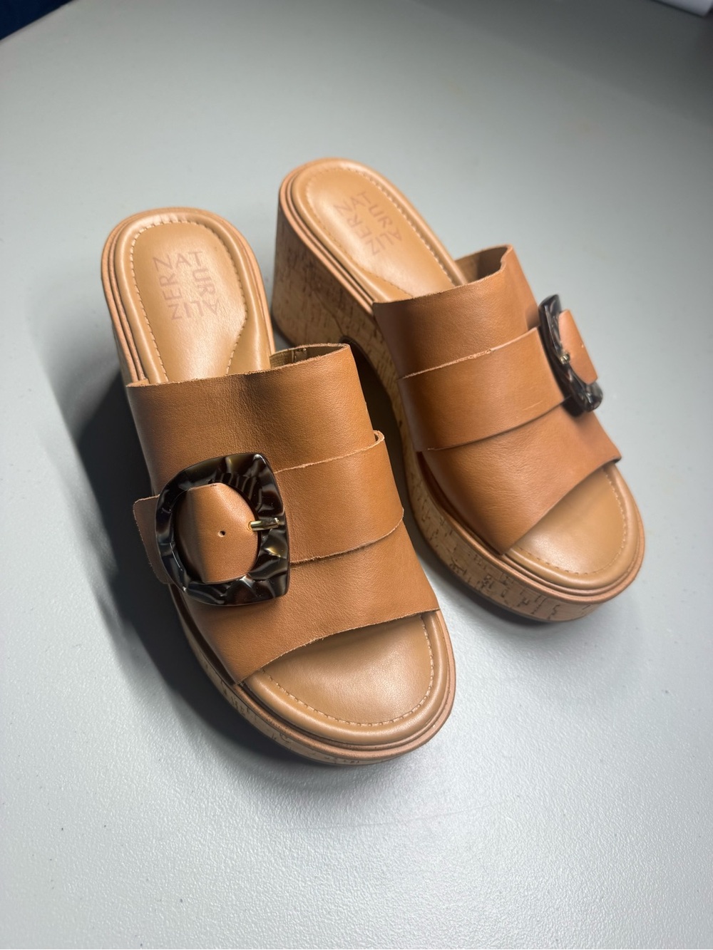 Naturalizer Tan Leather Cork Wedge Slide Mules